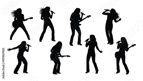 Seven black silhouettes of women playing electric guitars