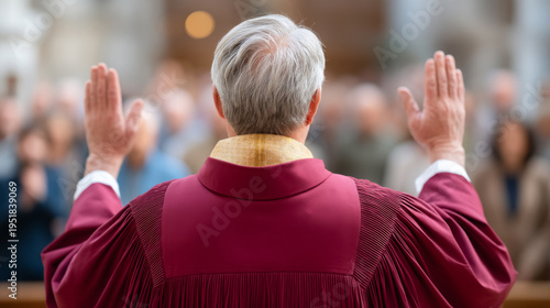 Priest conducting blessing ceremony in church with raised hands and congregation