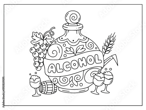 Cocktail coloring page with a drink glass and a bottle on a wooden table