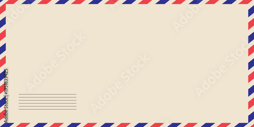 Airmail envelope frame. Commercial envelope. International vintage letter border. Retro air mail postcard with blue and red stripes. Blank correspondence paper template.eps,10