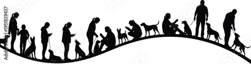 Black Silhouettes of Diverse People Walking and Training Dogs in a Row on a Curved Path for Pet Care Concept