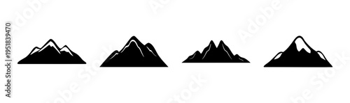 Set of 4 mountain icons vector, black silhouette