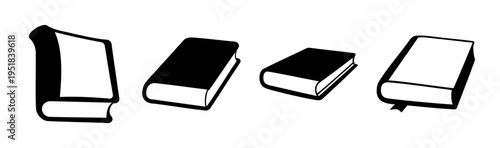 Set of 4 book icons vector, black and white illustrations