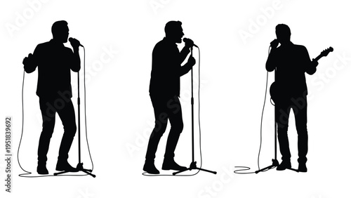 Three silhouettes of men singing into microphones