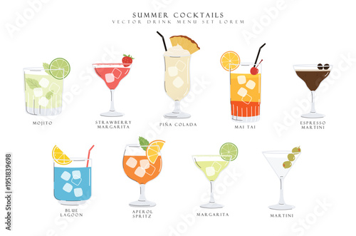 Summer cocktails set. Alcoholic drinks in different glasses. Cocktail menu illustration, stickers