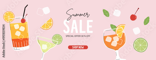 Summer cocktails set. Alcoholic drinks in different glasses. Cocktail menu illustration, stickers