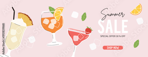 Summer cocktails set. Alcoholic drinks in different glasses. Cocktail menu illustration, stickers