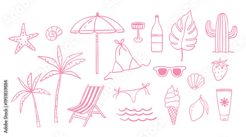 Hand draw summer collection. Palm, ice cream, sea. Crayon drawing style, Italian la dolce vita card	