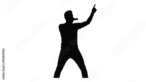 A man in a baseball cap pointing upwards with one hand