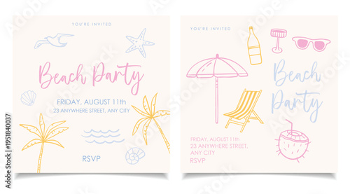 Hand draw summer prints collection. Summer Invitation, banner, card, template. Crayon drawing style, Italian la dolce vita. Wall posters