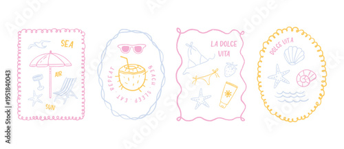 Hand draw summer prints collection. Summer Invitation, banner, card, template. Crayon drawing style, Italian la dolce vita. Wall posters