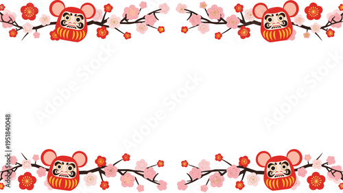 Japanese daruma mouse characters sitting on pink plum blossom branches forming a festive frame border on a white background.