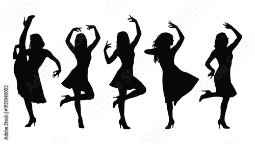 Five silhouettes of women dancing in various poses