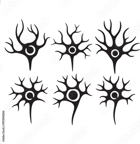 Stylized black and white graphic illustration of six abstract neuron cells with a central nucleus and branching dendrites