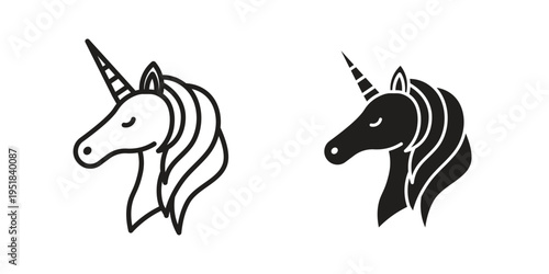 Alicorn icon set in black outline and fill. Editable icons