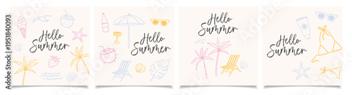 Hand draw summer prints collection. Summer Invitation, banner, card, template. Crayon drawing style, Italian la dolce vita. Wall posters