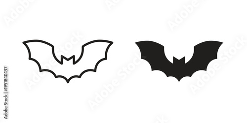 Bat icon set in black outline and fill. Editable icons