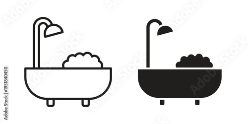 Bath icon set in black outline and fill. Editable icons