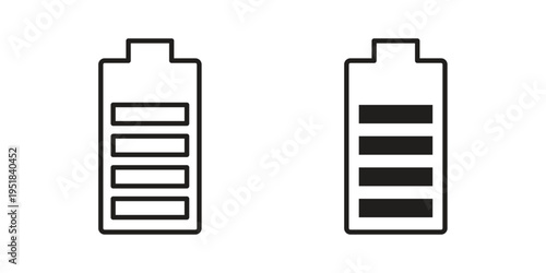 Battery icon set in black outline and fill. Editable icons