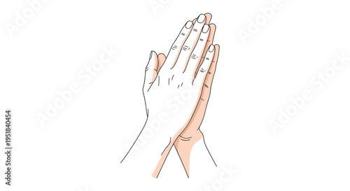 Delicate line drawing of two hands folded together in a prayer or gratitude gesture with a soft light peach skin tone.