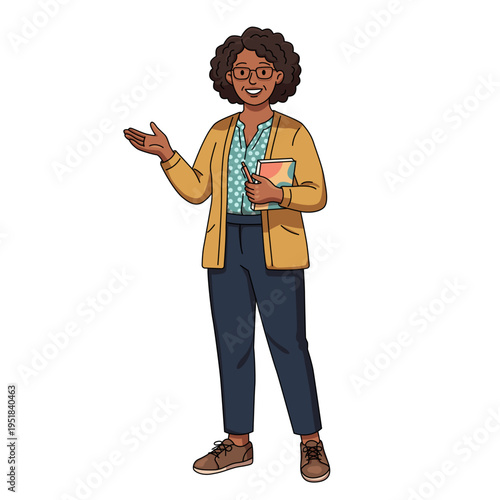 Smiling dark skinned woman with curly hair and glasses wearing mustard cardigan and polka dot shirt holding notebook