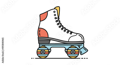 Retro roller skate illustration featuring colorful stripes on the wheels and vibrant orange accents in a flat design style.