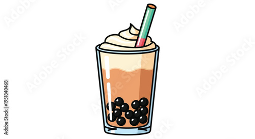 A colorful cartoon illustration of a bubble tea with tapioca pearls and a straw silhouette high quality professional detailed modern elegant
