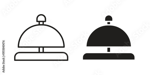 Bell concierge icon set in black outline and fill. Editable icons