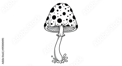 Black and white line art of a mushroom with large black dots on its cap and a wavy base standing on a small splash.