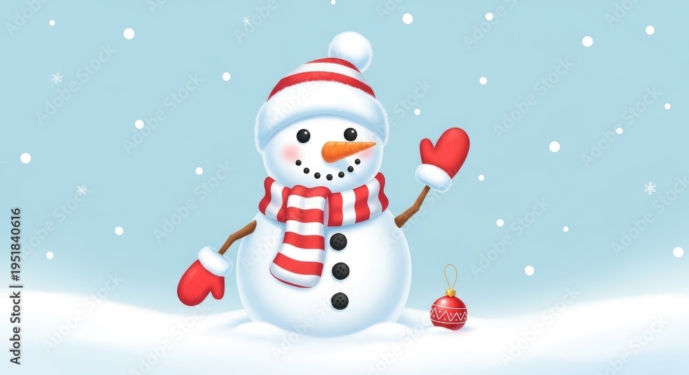 Fototapeta premium A cheerful snowman in a snowy landscape with a carrot nose and coal eyes