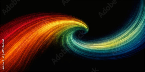 An abstract rainbow swirl background features a bright digital pattern of glowing light and motion with a colorful spiral curve design over a dark space backdrop