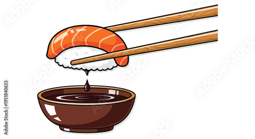 A vibrant illustration depicts salmon nigiri being lifted by chopsticks above a bowl of soy sauce silhouette high quality professional detailed