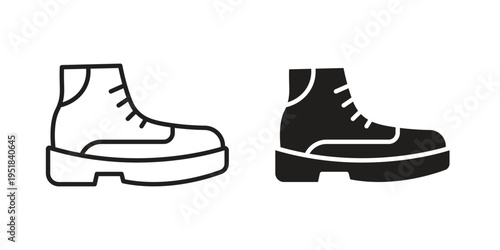 Boot icon set in black outline and fill. Editable icons