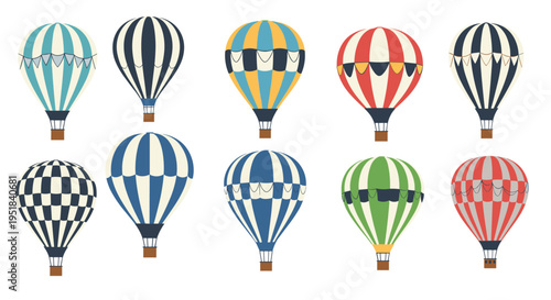 Set of ten colorful hot air balloons with various patterns like stripes and checkers for travel adventure and flight themes.