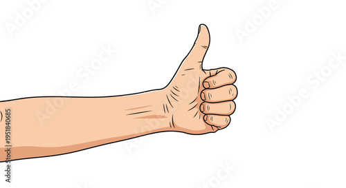 Human arm and hand giving a thumbs up gesture as a positive sign of approval or success in a cartoon illustration style.