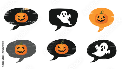 Halloween speech bubble set featuring spooky pumpkins with evil grins and white ghosts on various dark backgrounds.