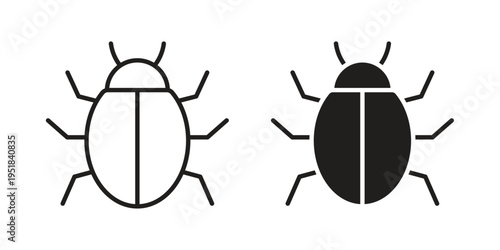 Bugs icon set in black outline and fill. Editable icons