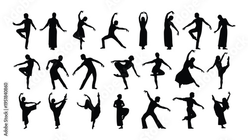 Collection of black silhouettes of ballet dancers in various poses