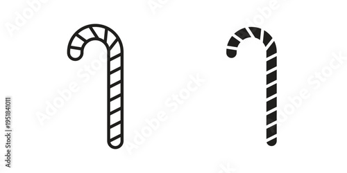 Candy Cane icon set in black outline and fill. Editable icons
