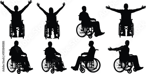 Collection of silhouettes featuring people in wheelchairs celebrating success and sitting in various poses isolated on white background for inclusivity