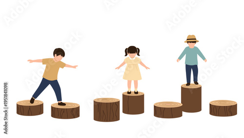 Three children balancing and playing on tree stumps of different heights in a minimalist flat illustration style.
