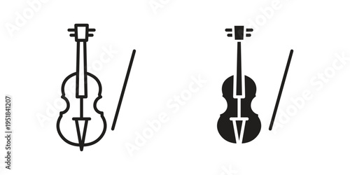 Cello icon set in black outline and fill. Editable icons