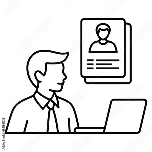 hiring process vector eps showing recruiter reviewing candidate profile simple outline illustration for recruitment job interview employee selection and human resource management concept