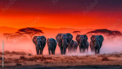 Herd of elephants crossing savannah
