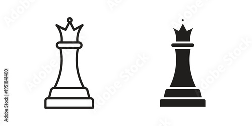 Chess queen icon set in black outline and fill. Editable icons