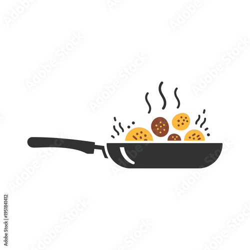 Frying pan cooking meatballs with steam on white background