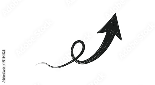 Hand drawn black arrow curving upwards towards the top right corner over a plain white background for directional or growth concept designs.