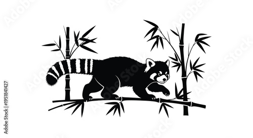 A black silhouette of a red panda perched on a bamboo branch amidst lush foliage displaying a striking silhouette high quality