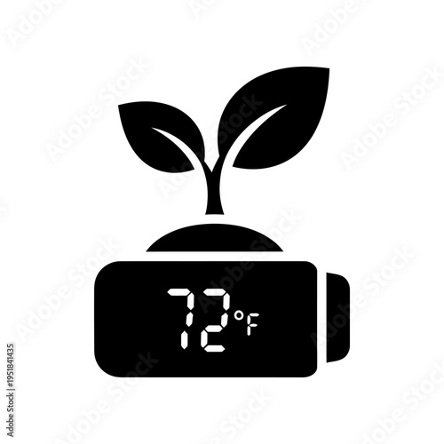 Black icon of a plant growing out of a digital thermometer displaying 72 degrees Fahrenheit temperature.