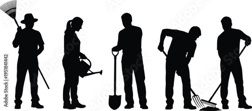 Collection of professional gardener silhouettes using tools like shovels rakes and watering cans for landscaping yard work and gardening service projects